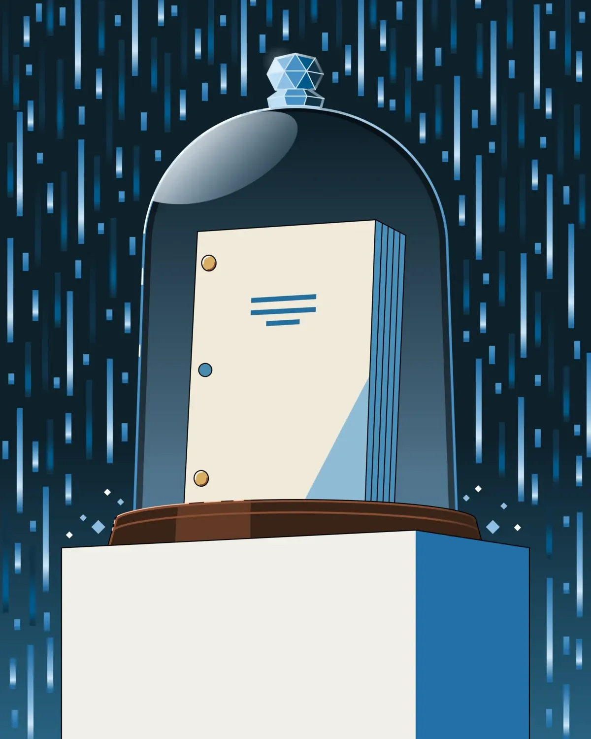 A script under a glass bell jar on a pedestal, sheltered from a downpour of data