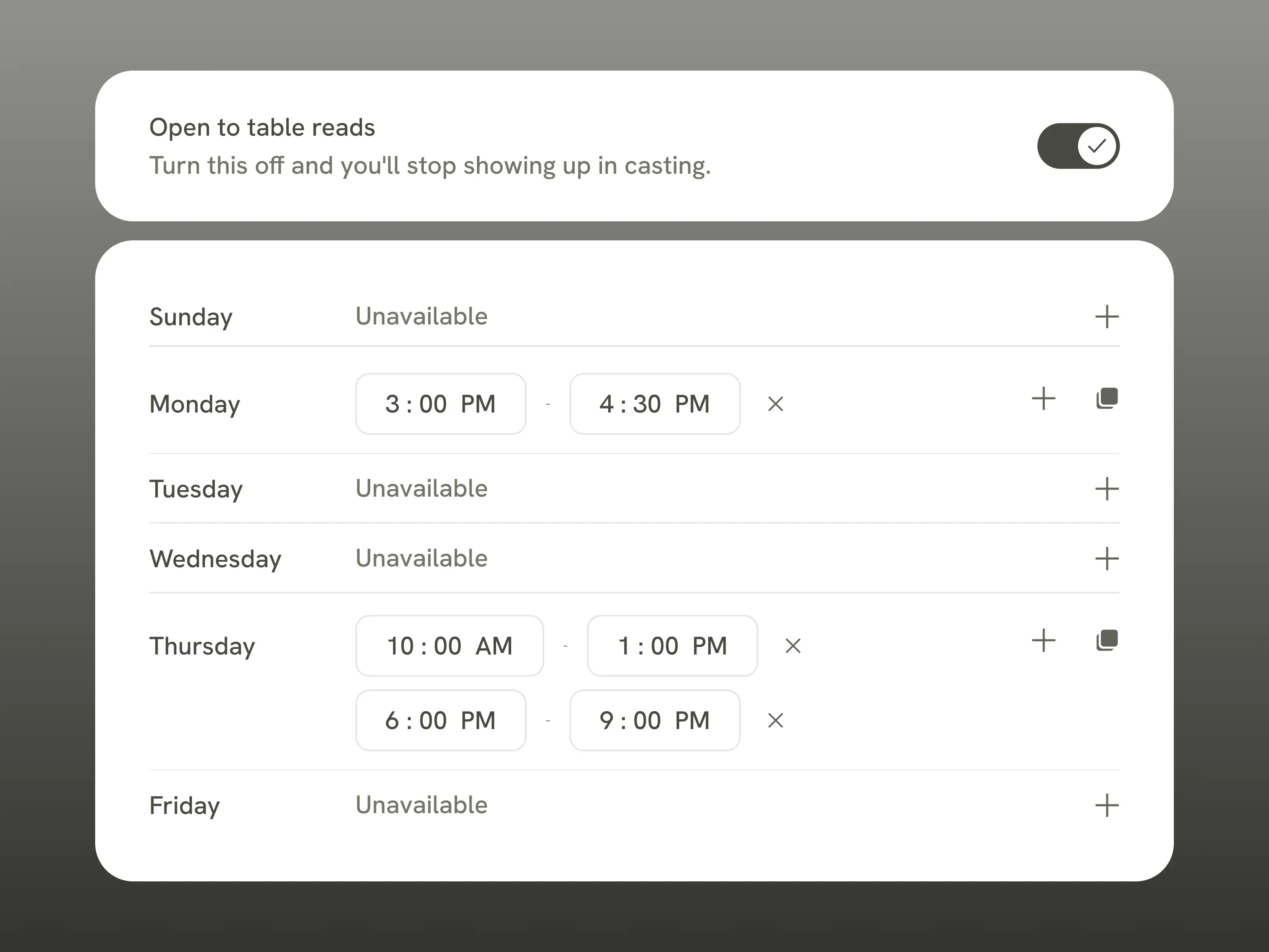 Availability calendar.