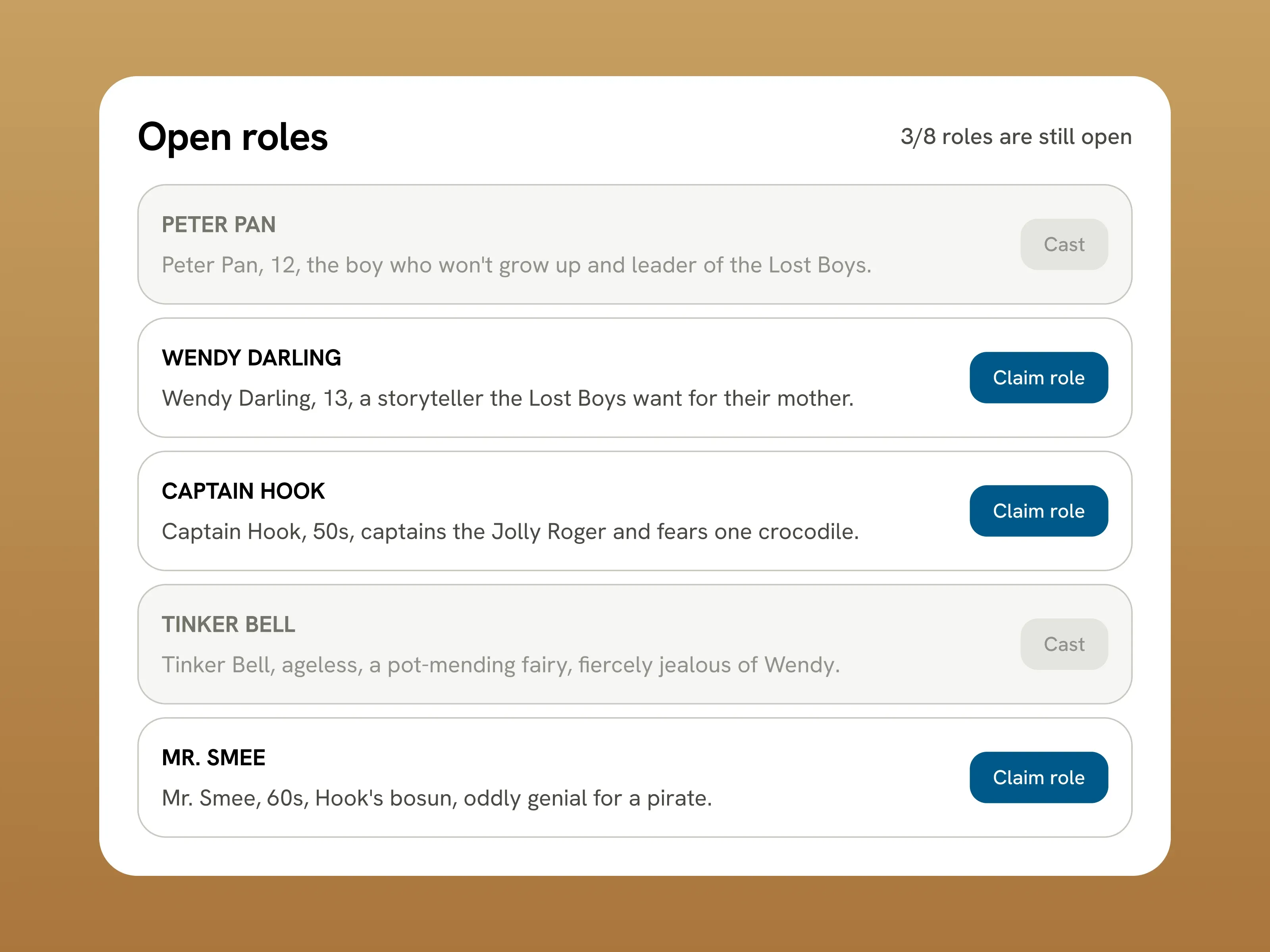 Open roles on a casting call: Peter Pan and Tinker Bell cast, Wendy Darling, Captain Hook and Mr. Smee with Claim role buttons.