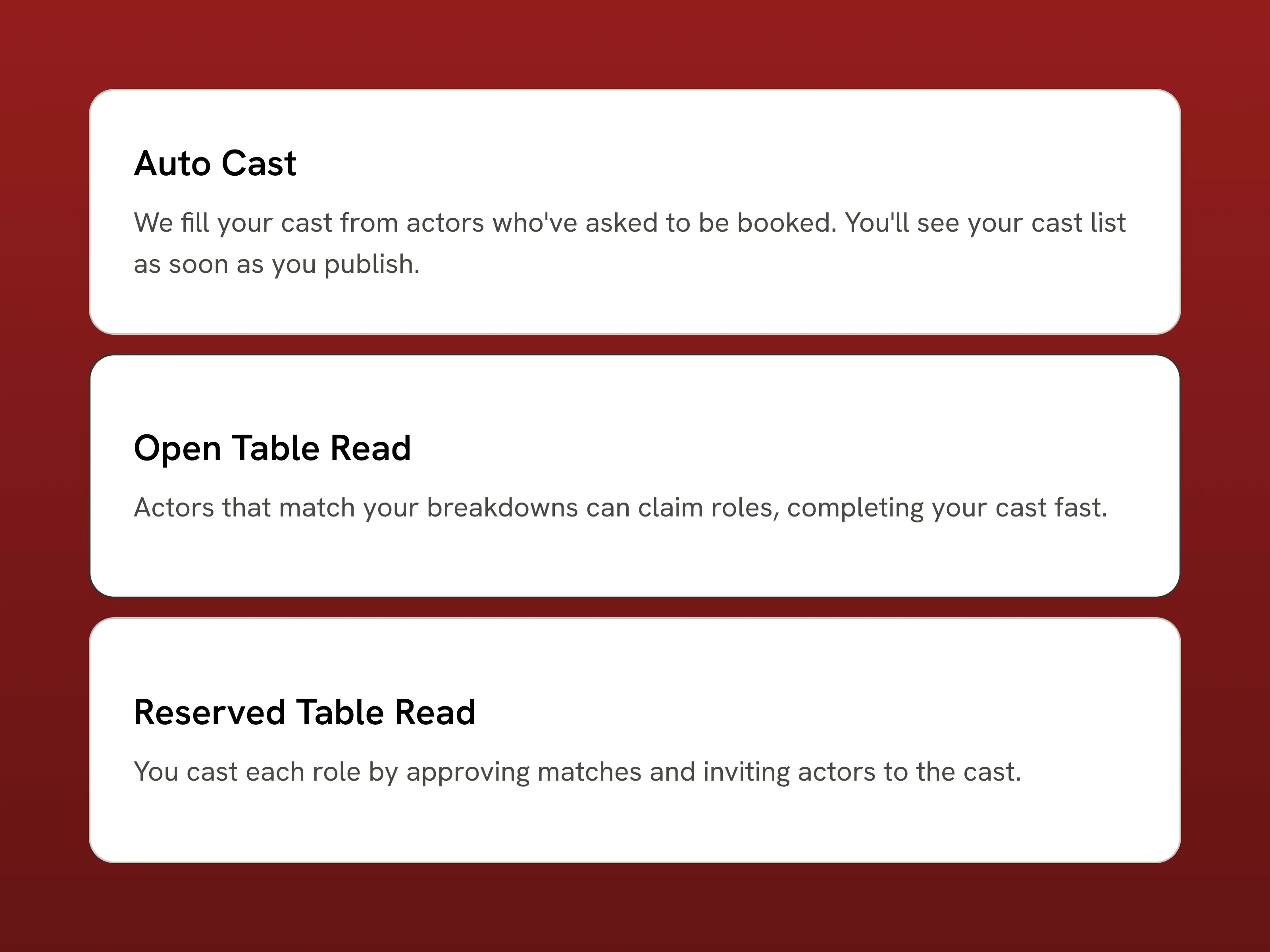 Choosing a casting mode: Auto Cast, Open Table Read or Reserved Table Read.