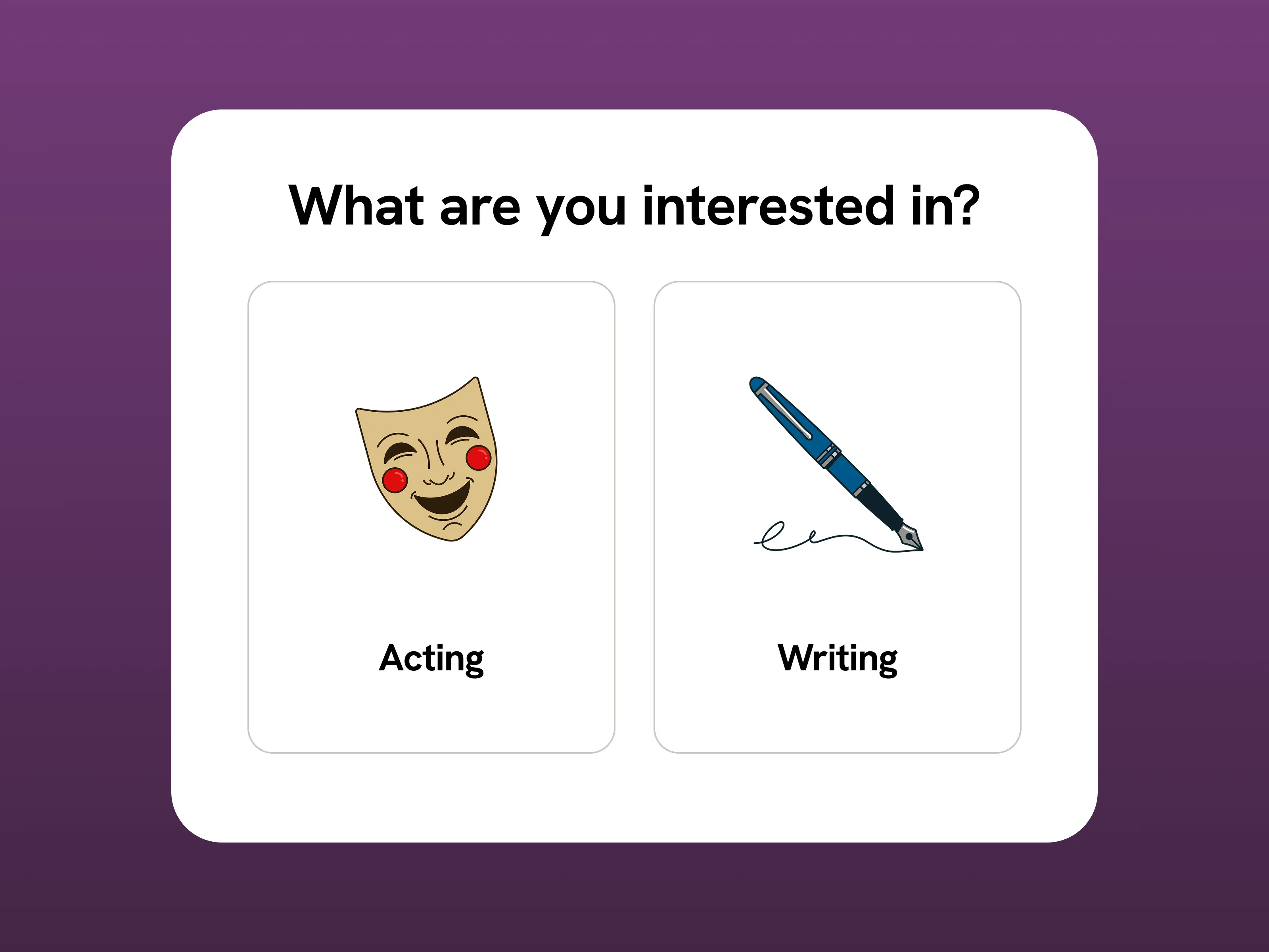 Choosing an account: Acting and Writing cards side by side.