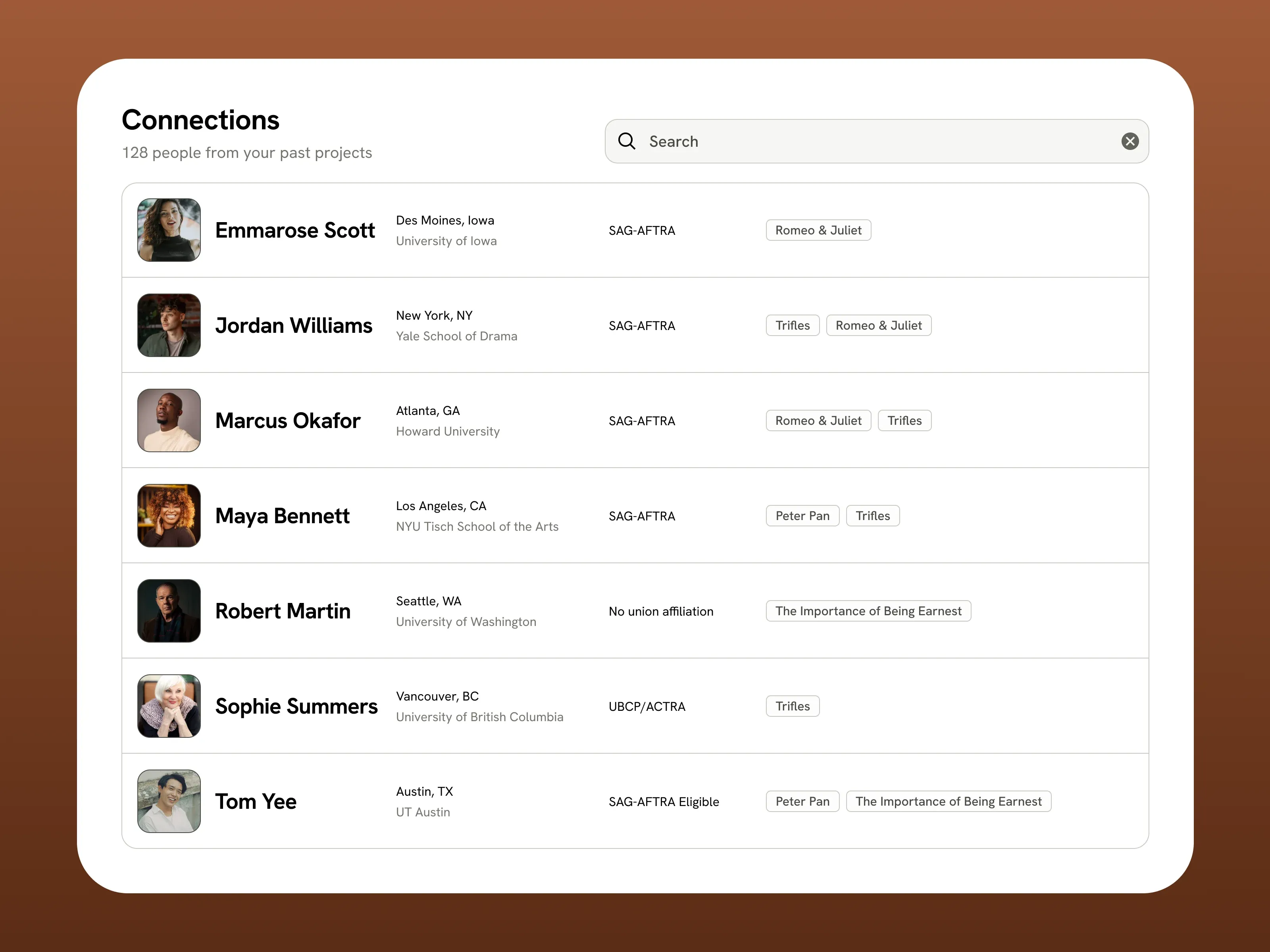 The Connections directory: people from past projects with location, school and shared projects.