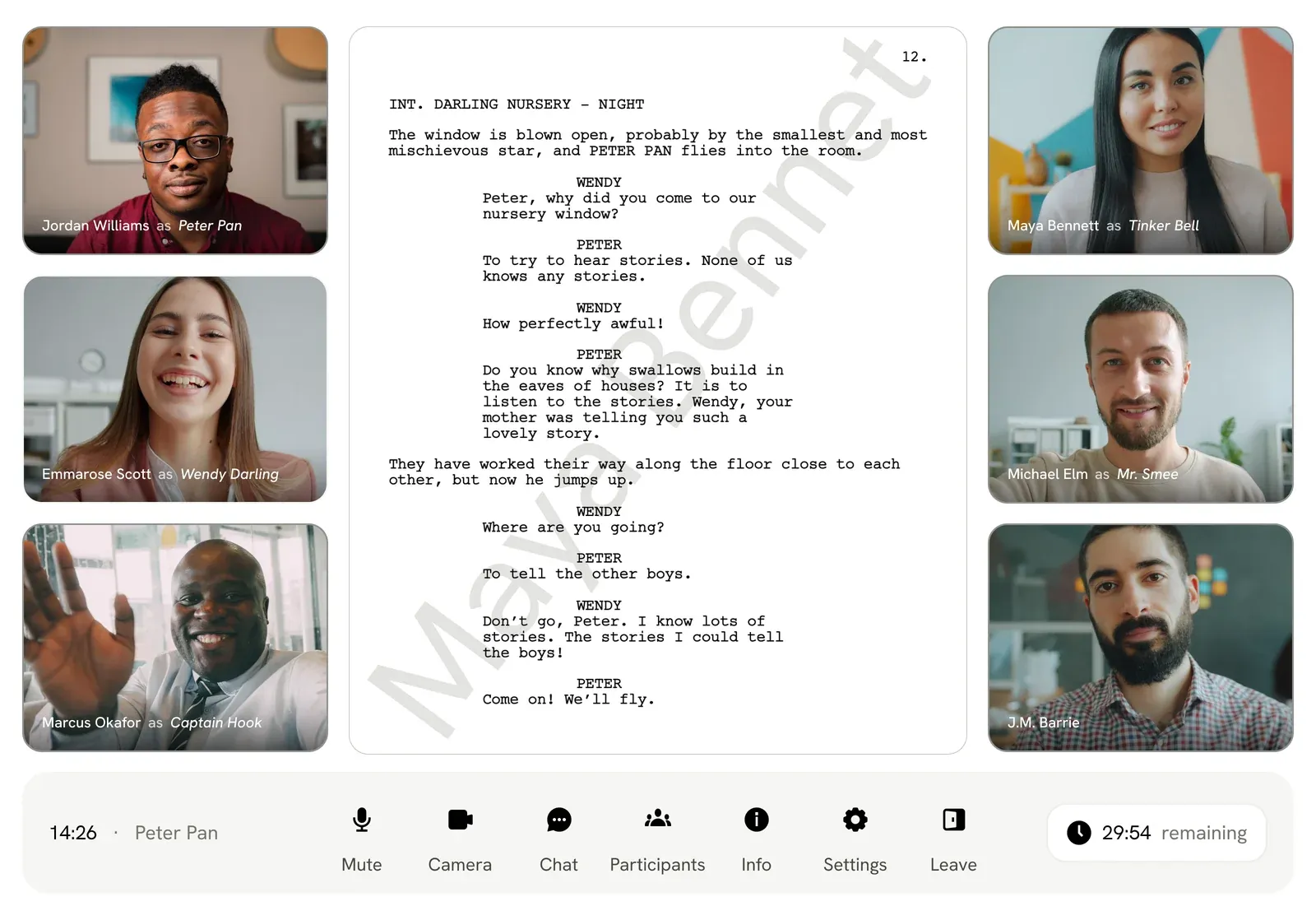 A live table read: the Peter Pan script in the centre, six cast tiles and the room toolbar.